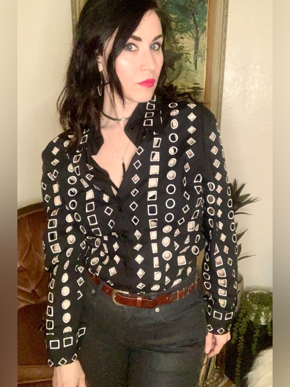 Vintage D&Y Geometric Print Button-Up Blouse- 100% Cotton